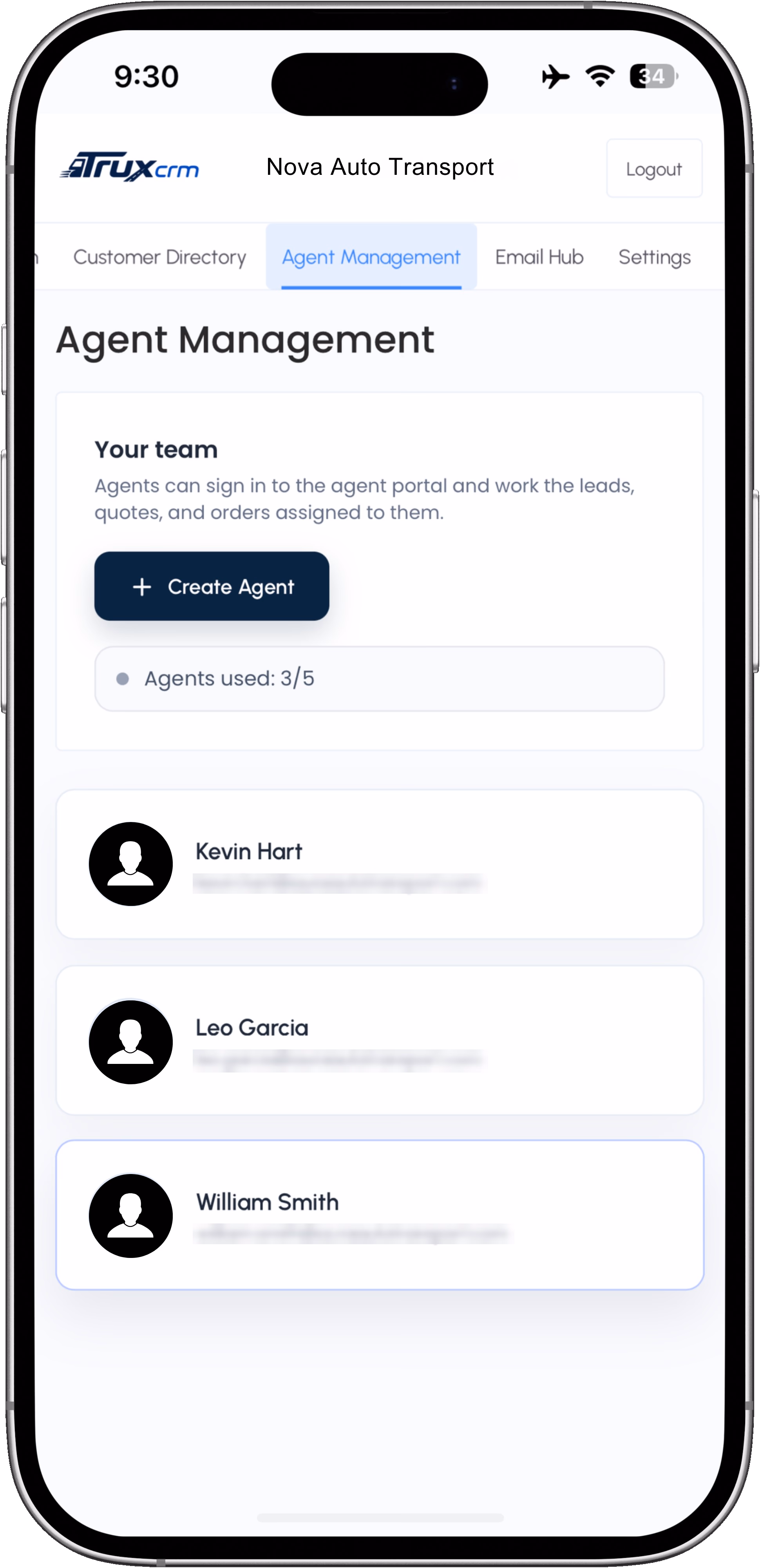 Mobile agent management screen in truck dispatching CRM